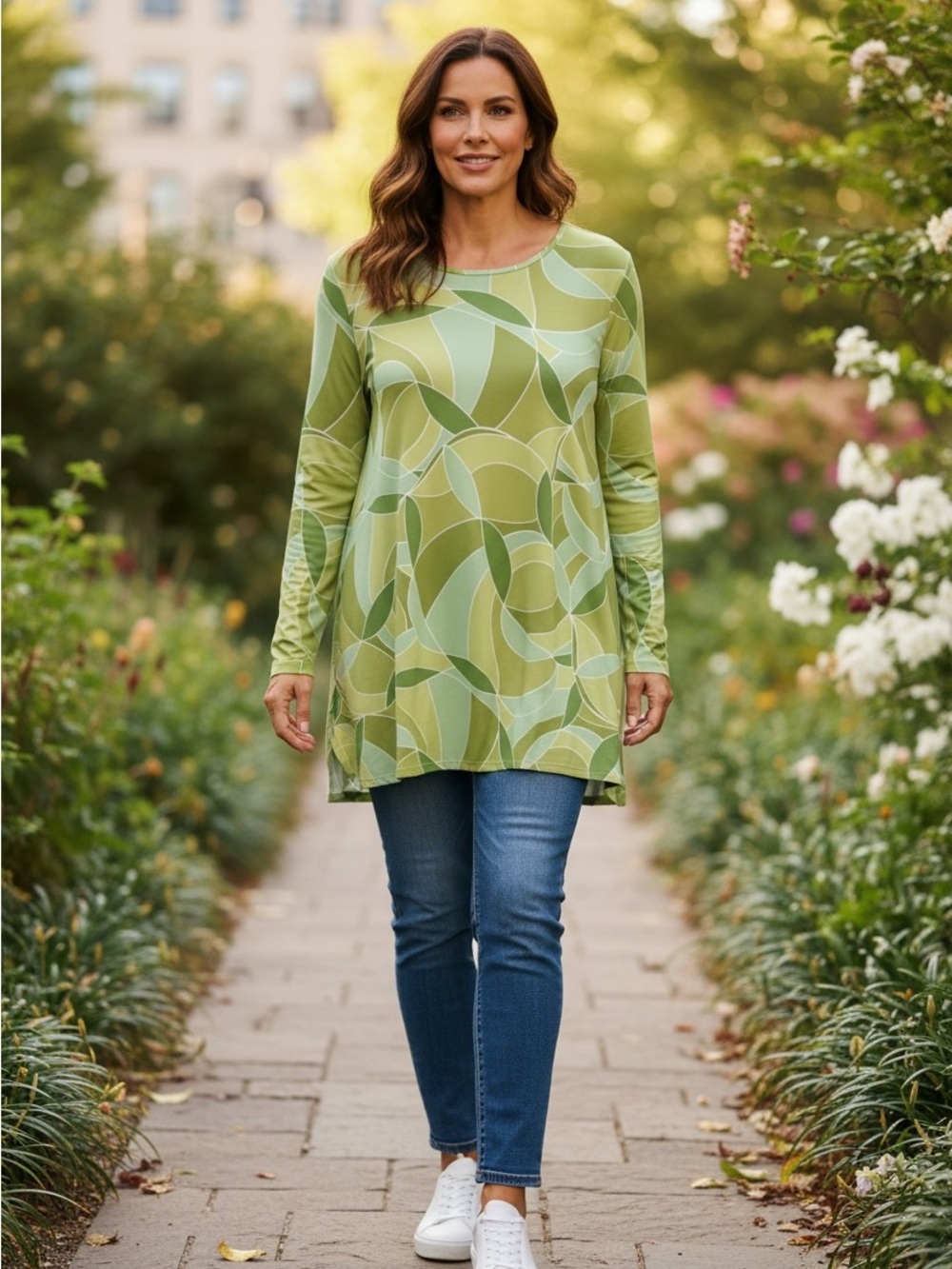 Susan graver Long-Sleeve Green Geometric Pattern Tunic Top